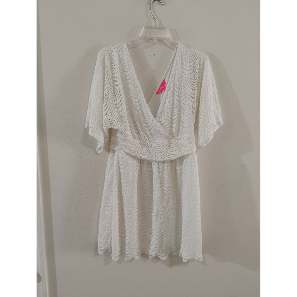 Lilly Pulitzer White Lace Wrap V-Neck Flutter Sleeve Scalloped Eyelet Dress L